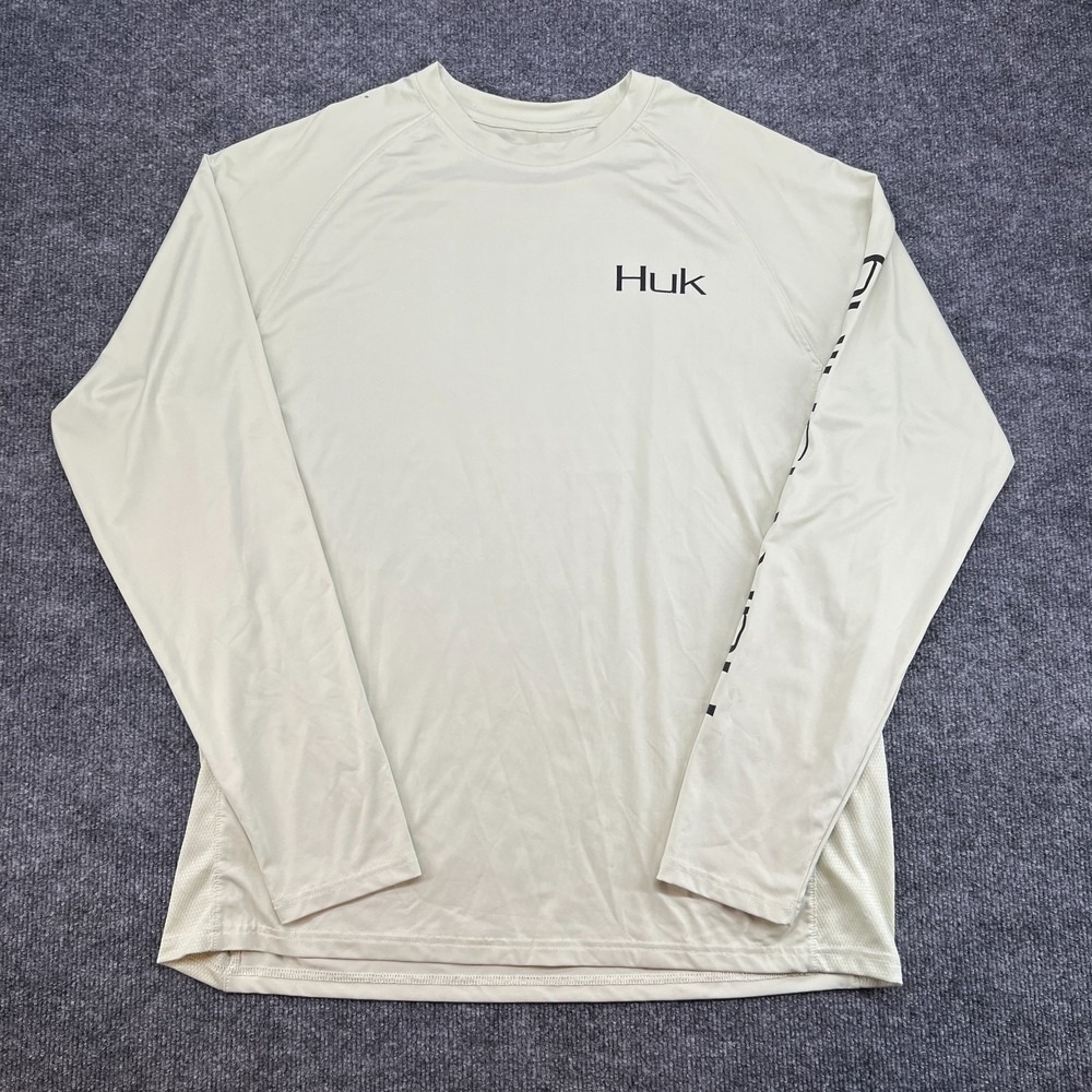 HUK Performance Fishing Shirt Men's Sz Large L/S Stretch Hanging Bait Logo